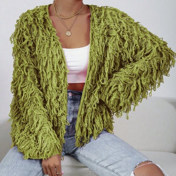 Olive Green Casual Women's Open Front fringe knit sweater Cardigan - Picture 6 of 7